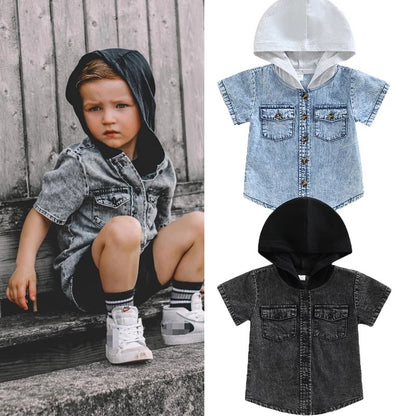 Boy Hooded Single-breasted Denim Shirt