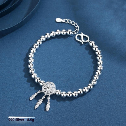 Pure Silver Glossy Lucky Beads Dreamcatcher Bracelet