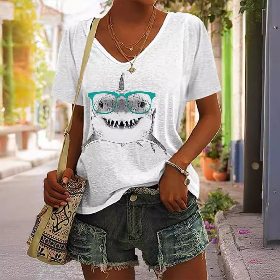 Women's 3D Digital Printing Pullover Loose Diagonal Collar Short Sleeve