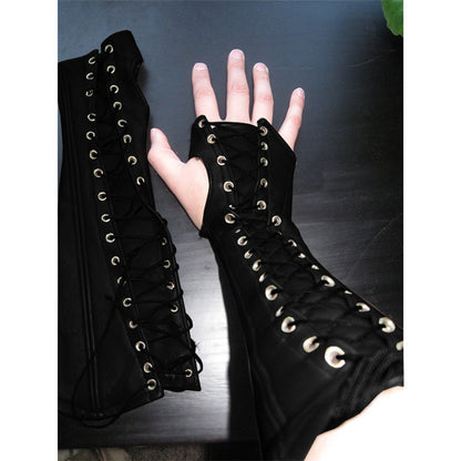 PU Long Lace Up Wrist Guard Half Finger Gloves