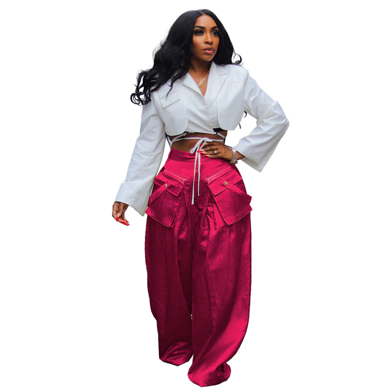 Fashion Women's Casual Detachable Three-dimensional Pocket Wide-leg Pants