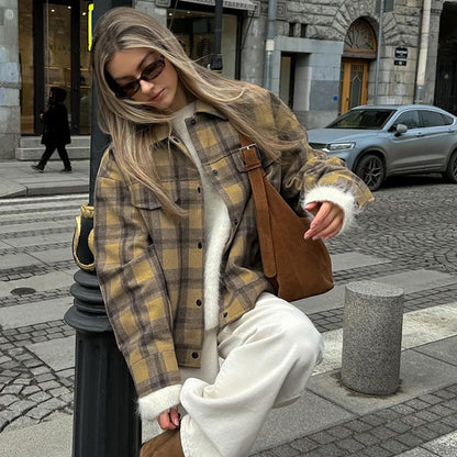 Woolen Plaid Loose-fitting Fashionable Jacket Top