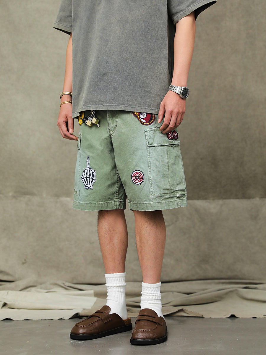 Vintage Worn Looking Washed-out Embroidered Cargo Shorts