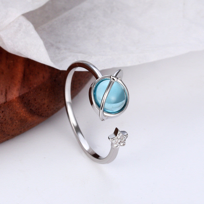 S925 Sterling Silver Star Moon Rotating Bright Earth Ring