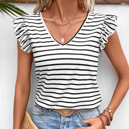 Summer Women's Striped Top Fashion V-neck T-shirt