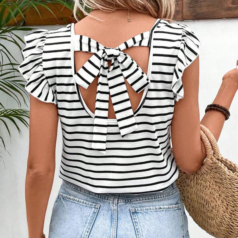 Summer Women's Striped Top Fashion V-neck T-shirt