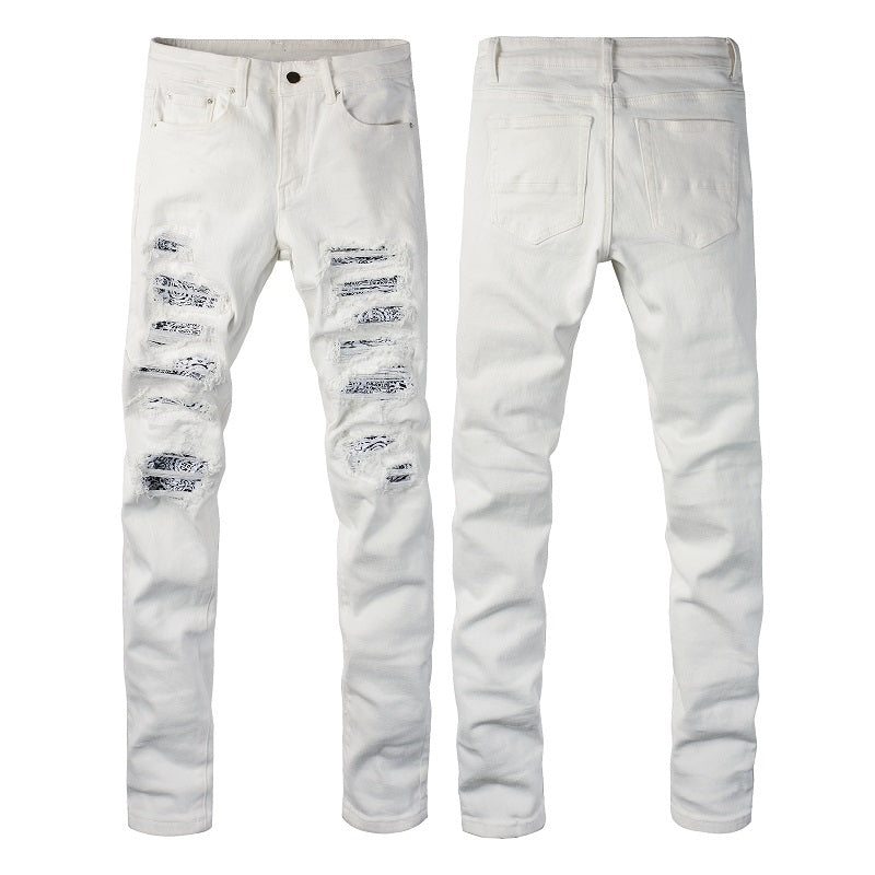 White Cashew Flower Patch Torn Jeans