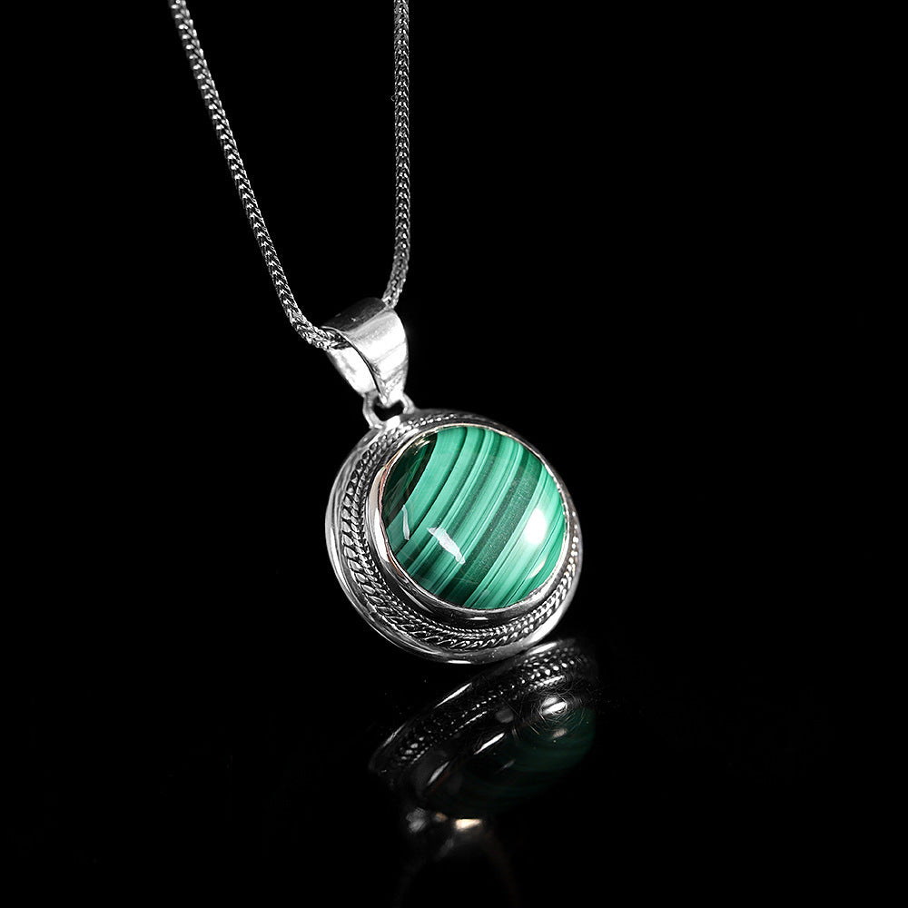 S925 Sterling Silver Inlaid Malachite Pendant Simple