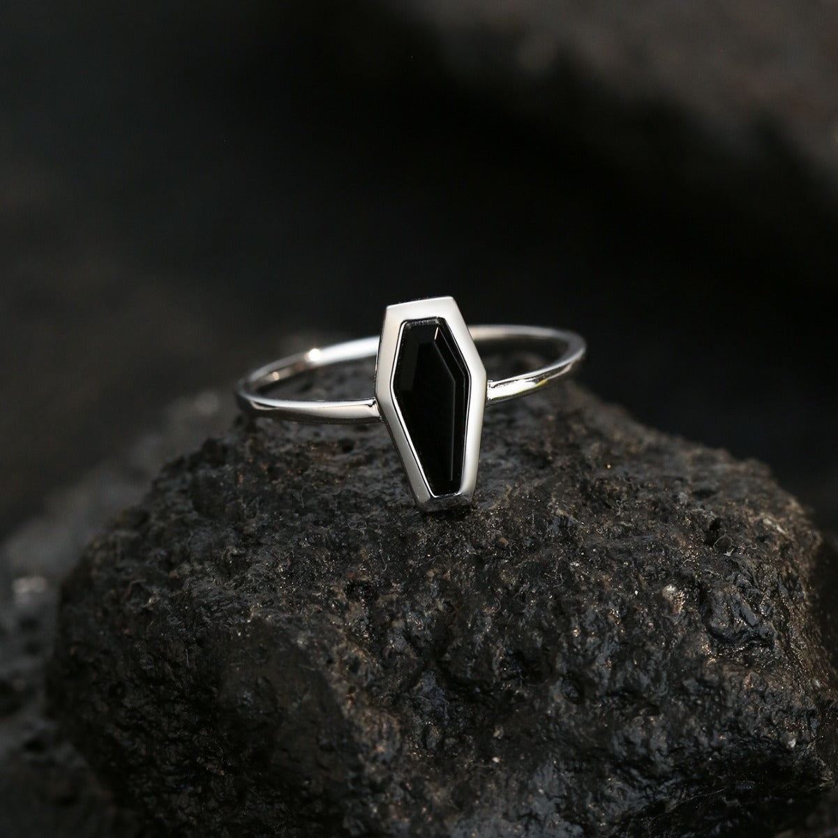 Coffin Shape Black Agate Simple Personality Ring