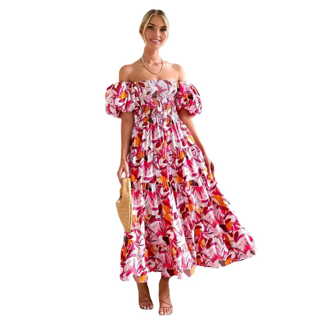 Women's Bubble Sleeve Vacation High Waist Off-shoulder Printing Dress