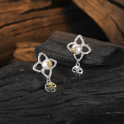 Bee Flower Temperament 925 Silver Pearl Earrings