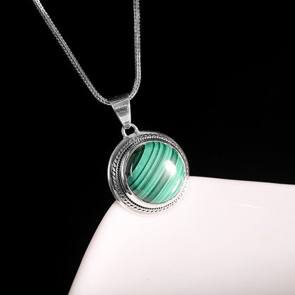 S925 Sterling Silver Inlaid Malachite Pendant Simple