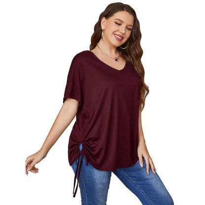 Plus Size Short-sleeved Top Women's Summer Solid Color Loose V-neck T-shirt Plump Girls