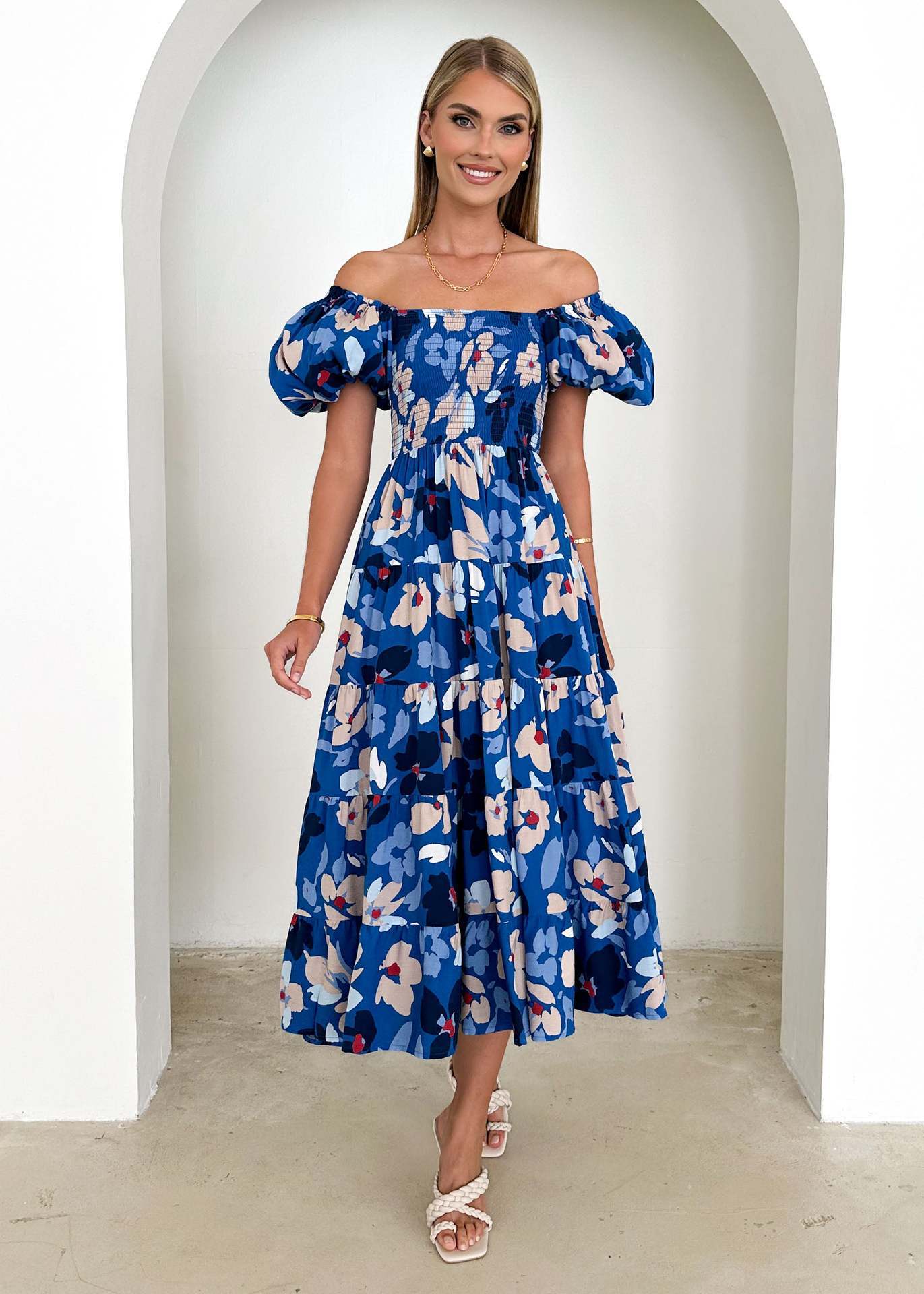 Women's Bubble Sleeve Vacation High Waist Off-shoulder Printing Dress