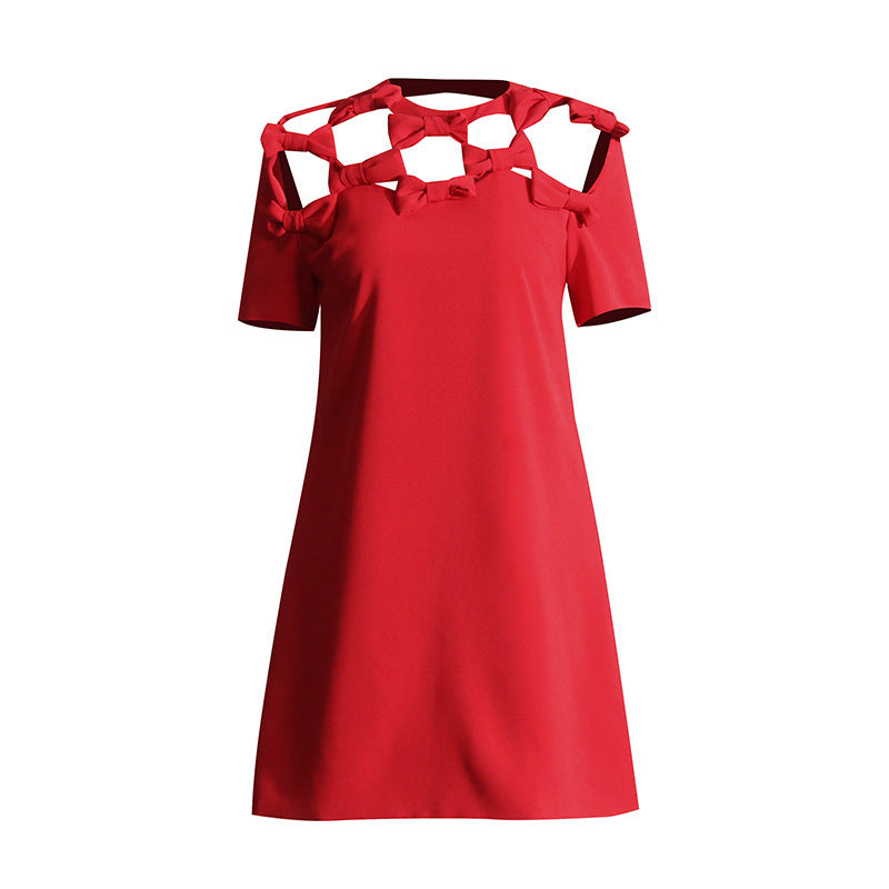 Bow Hollow Design Fashion Socialite Style Temperament Red Slimming Dress