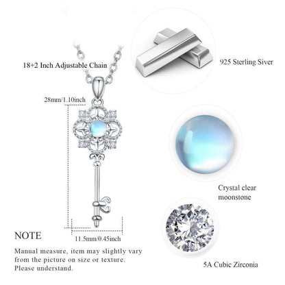 Sterling Silver Key Blue Moonstone and AAA Cz Round Key Pendant Necklace