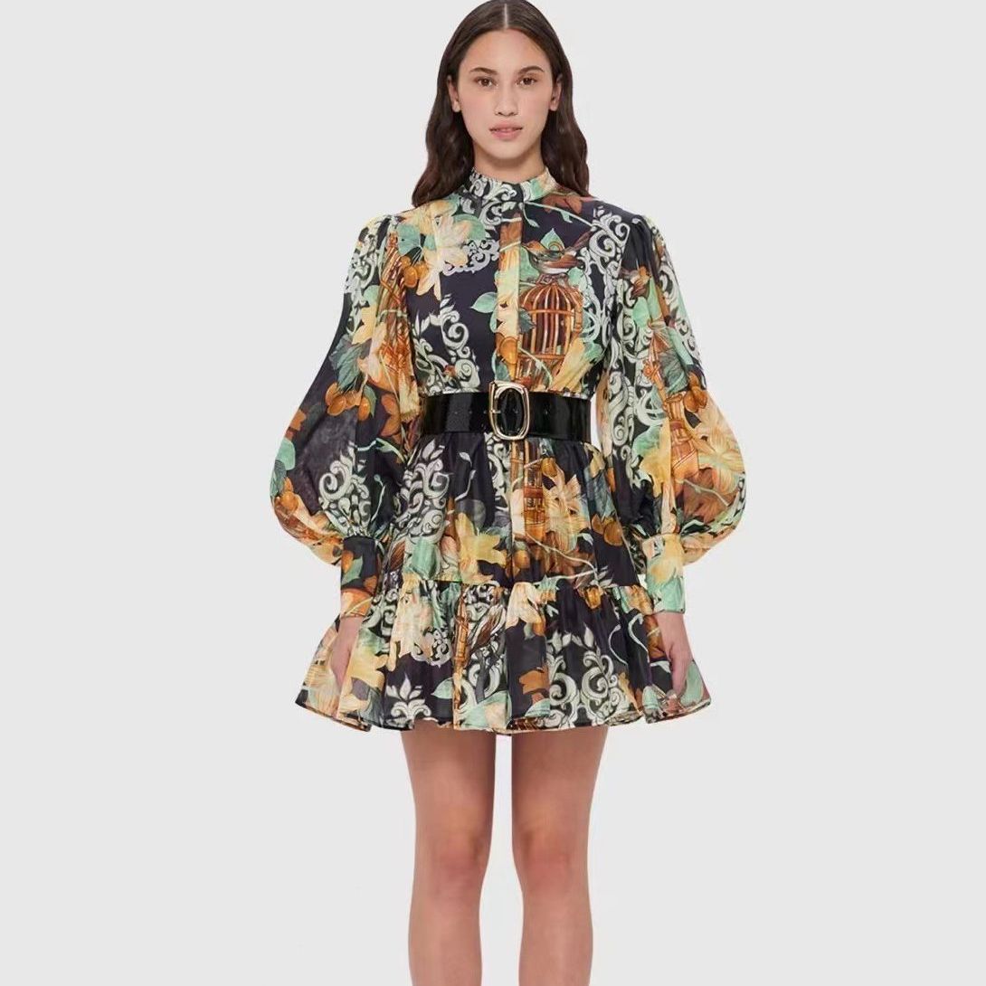 Australian Niche Vintage Printing Stand-up Collar Puff Sleeve Dress