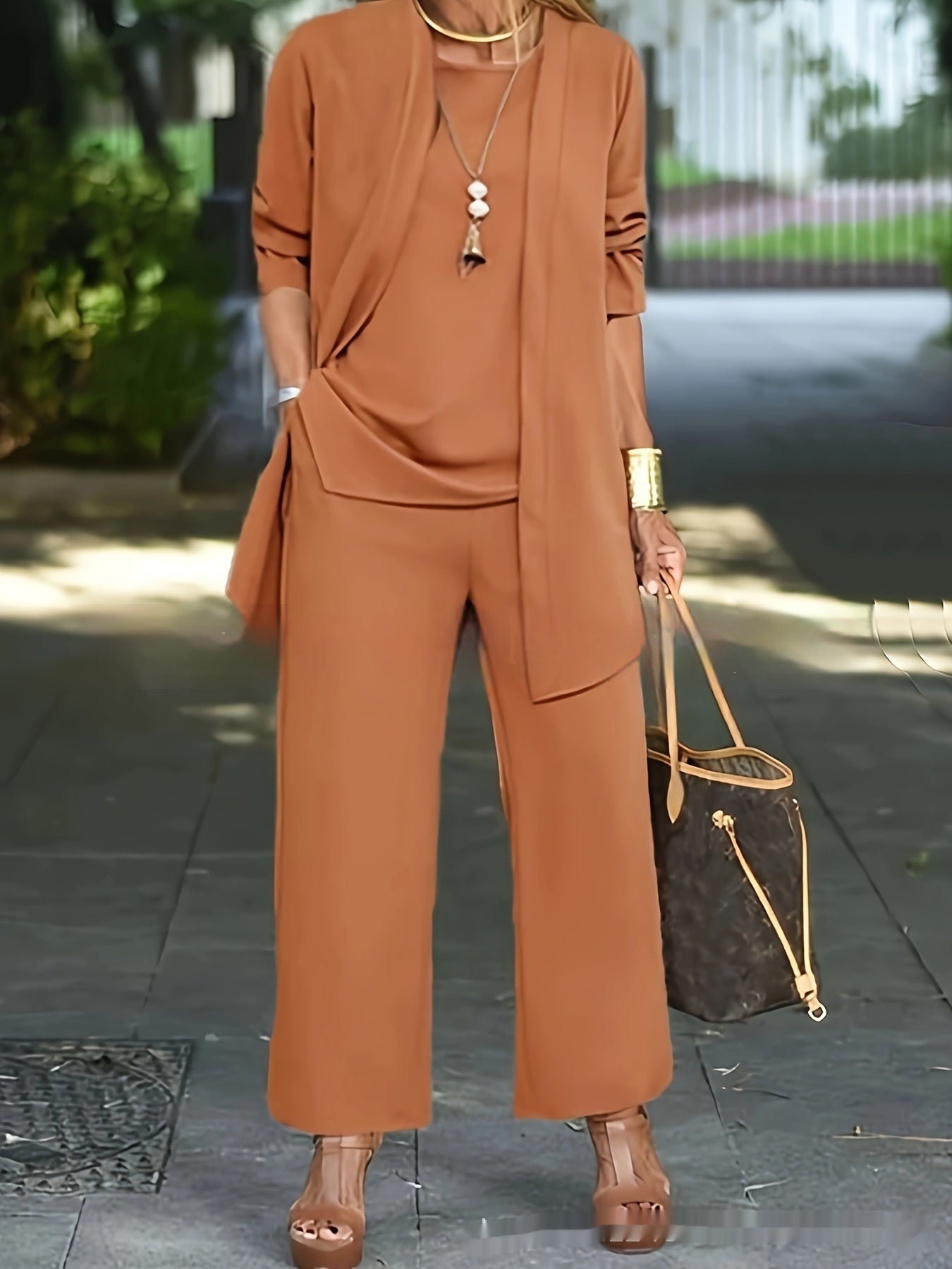 Pure Color Split Round Neck Sleeveless Vest Top Long Sleeve Cardigan Jacket Wide Leg Pants Suit