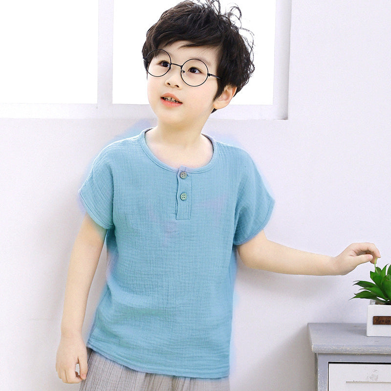 Boy short-sleeved cotton and linen T-shirt