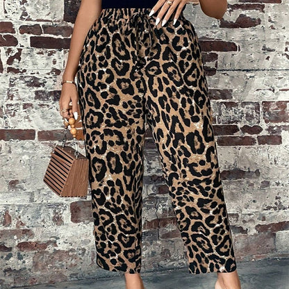 Plus Size Women's Lace-up Leopard Print Woven Pants