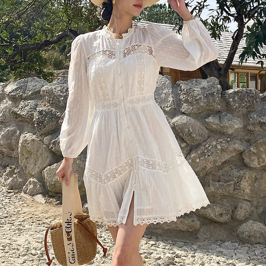 Women's Long Sleeve Vacation Style Design French White Dress