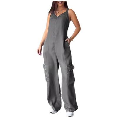 European And American Thin Jeans Wear Pocket V-neck Jumpsuit