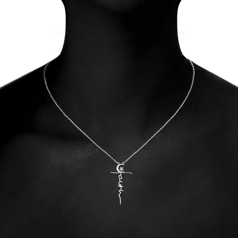 S925 Sterling Silver Faith Cross Moon and Star Necklace Pendant Jewelry