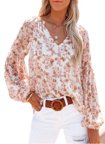 Women's Chiffon Blouse With Lantern Sleeves Floral Chiffon Blouse