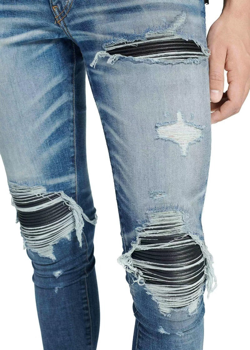 Patched Leather Pleats And Patchwork For Old Washed Light Colored Jeans For Men