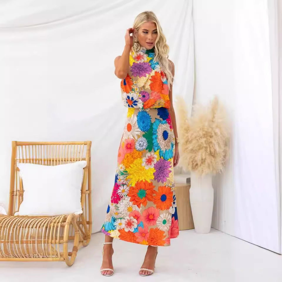 Vacation Style Fashion Printing Sleeveless Halter Waist-tight Long Dress