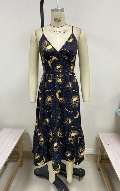 Lady Gothic Retro Dark Skull Bone Sun And Moon Print Dress