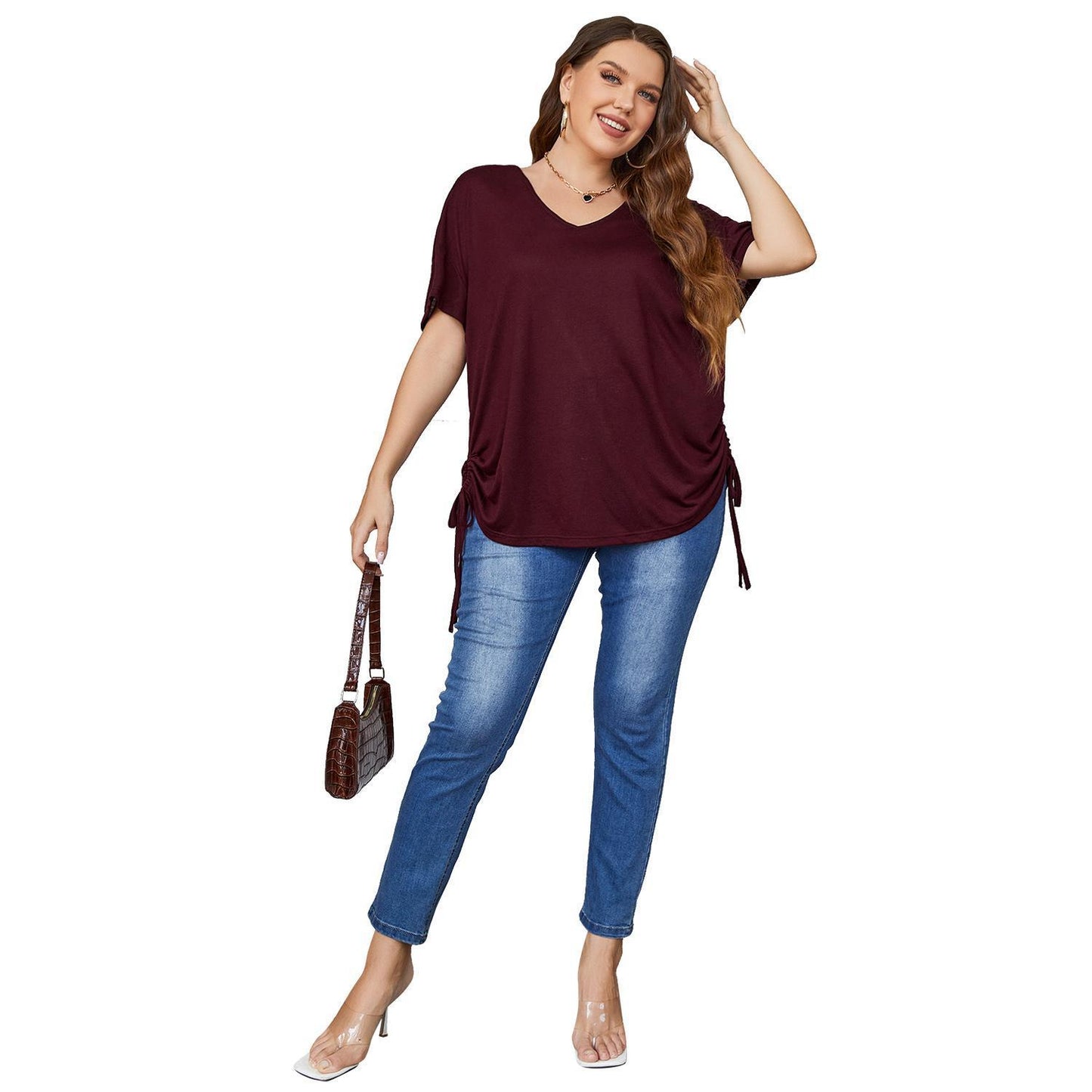 Plus Size Short-sleeved Top Women's Summer Solid Color Loose V-neck T-shirt Plump Girls