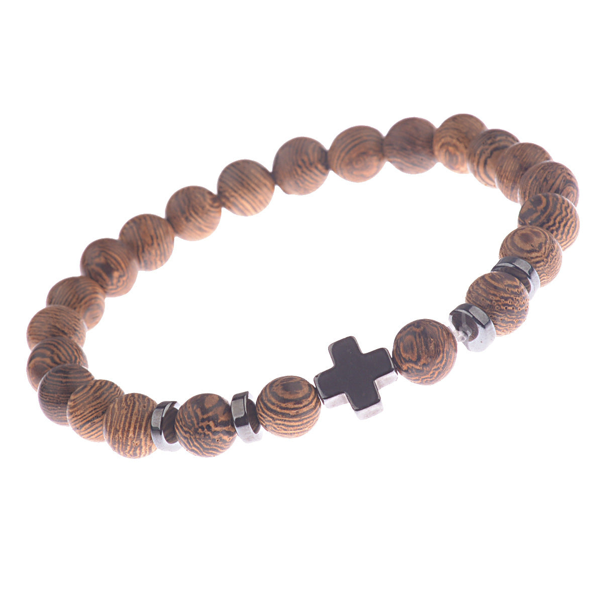 Steel Cross Wooden Bead Personalized Bracelet