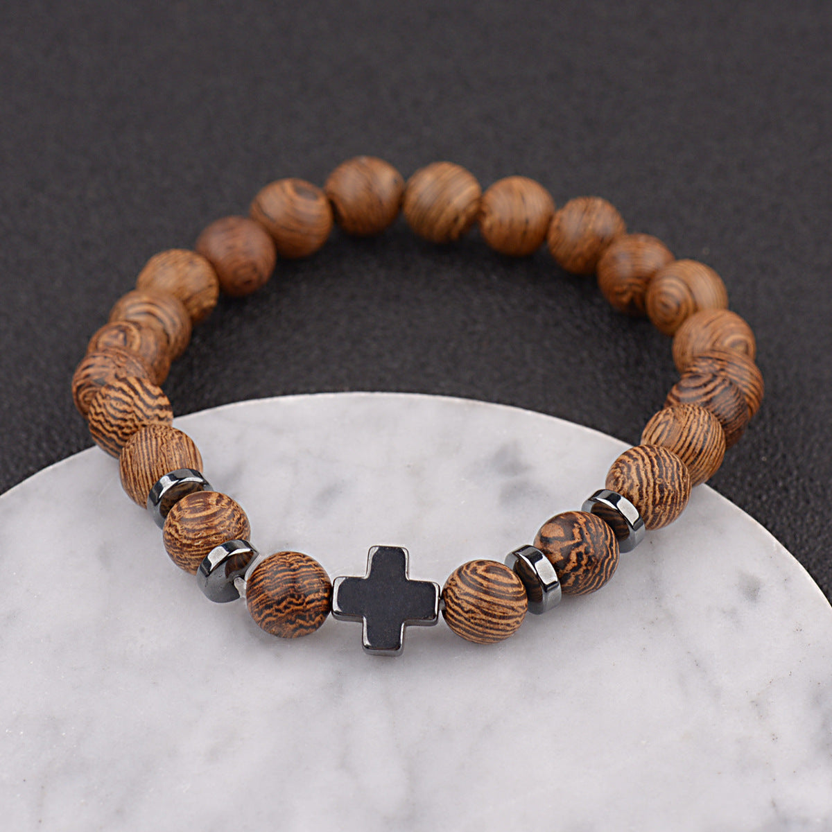 Steel Cross Wooden Bead Personalized Bracelet