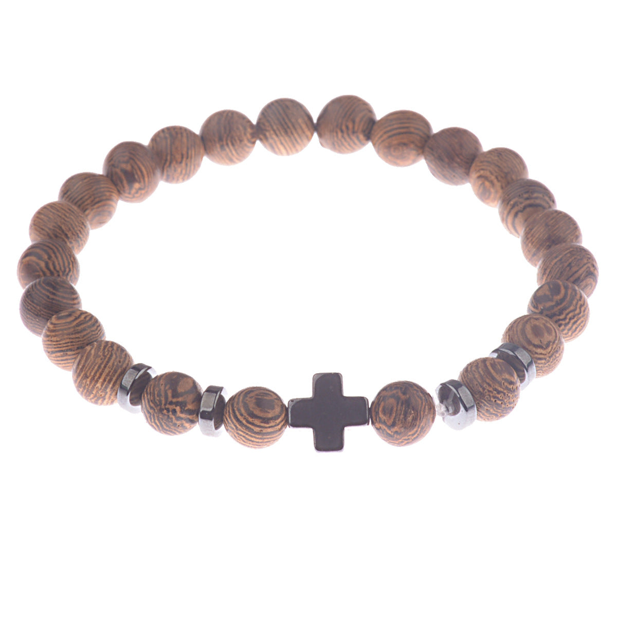 Steel Cross Wooden Bead Personalized Bracelet