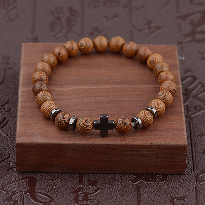 Steel Cross Wooden Bead Personalized Bracelet