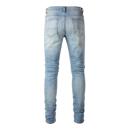 Cashew Flower Printed Patch Slim Fitting Light Colored Jeans For Men