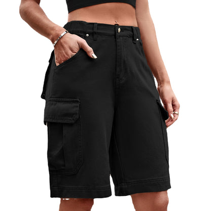 Summer Women's Elastic Waist Denim Cargo Pants Shorts