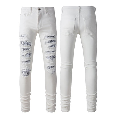 White Cashew Flower Patch Torn Jeans