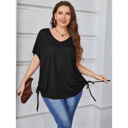 Plus Size Short-sleeved Top Women's Summer Solid Color Loose V-neck T-shirt Plump Girls