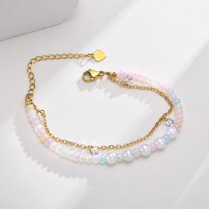 Cross Chain Pearl Bead Double-layer Bracelet