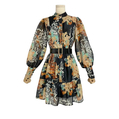 Australian Niche Vintage Printing Stand-up Collar Puff Sleeve Dress