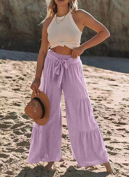 Women's Fashion Tie Stitching High Waist Crimp Casual Loose Pants