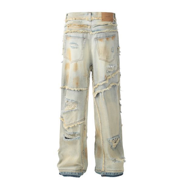 Washed Loose Wide Leg Large Hole Profile Tooling Ribbon Logging Jeans