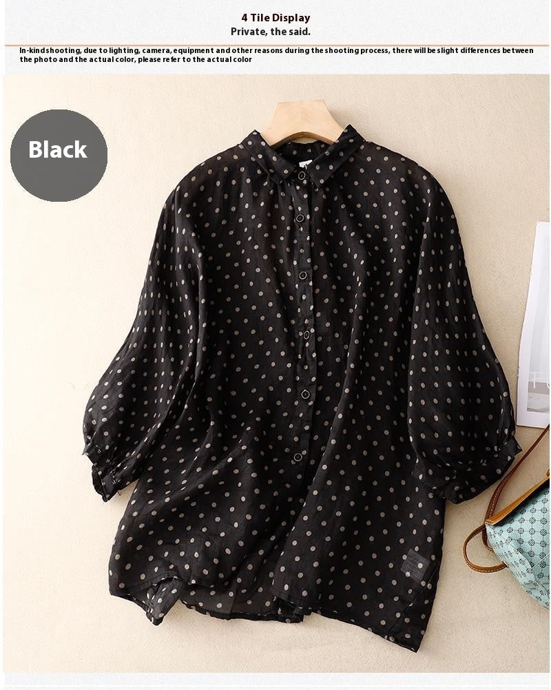 National Style Literary Style Lightweight And Slightly Transparent Polka-dot Loose-fitting Linen Shirt