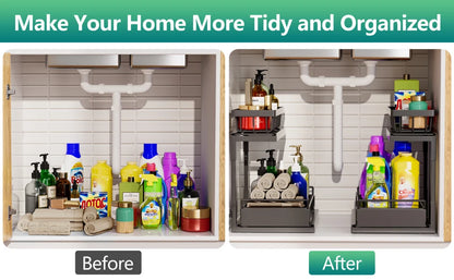 2 Tier Under Sink Organizer and Storage Basket,Slide Out Under Cabinet Organizer Shelf,Multi-Purpose Pull Out Drawer Cabinet