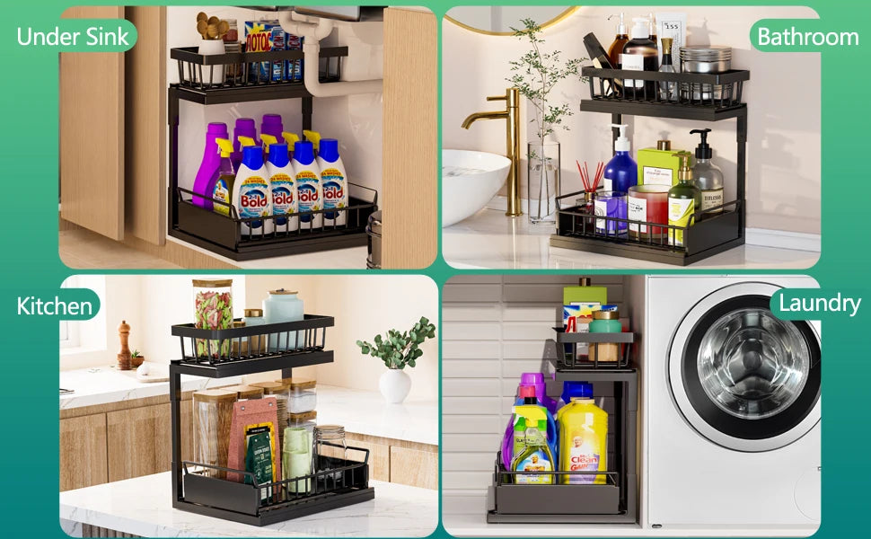 2 Tier Under Sink Organizer and Storage Basket,Slide Out Under Cabinet Organizer Shelf,Multi-Purpose Pull Out Drawer Cabinet