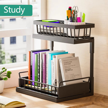 2 Tier Under Sink Organizer and Storage Basket,Slide Out Under Cabinet Organizer Shelf,Multi-Purpose Pull Out Drawer Cabinet