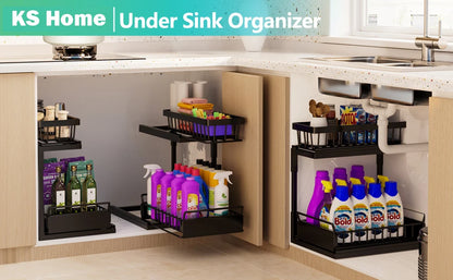 2 Tier Under Sink Organizer and Storage Basket,Slide Out Under Cabinet Organizer Shelf,Multi-Purpose Pull Out Drawer Cabinet