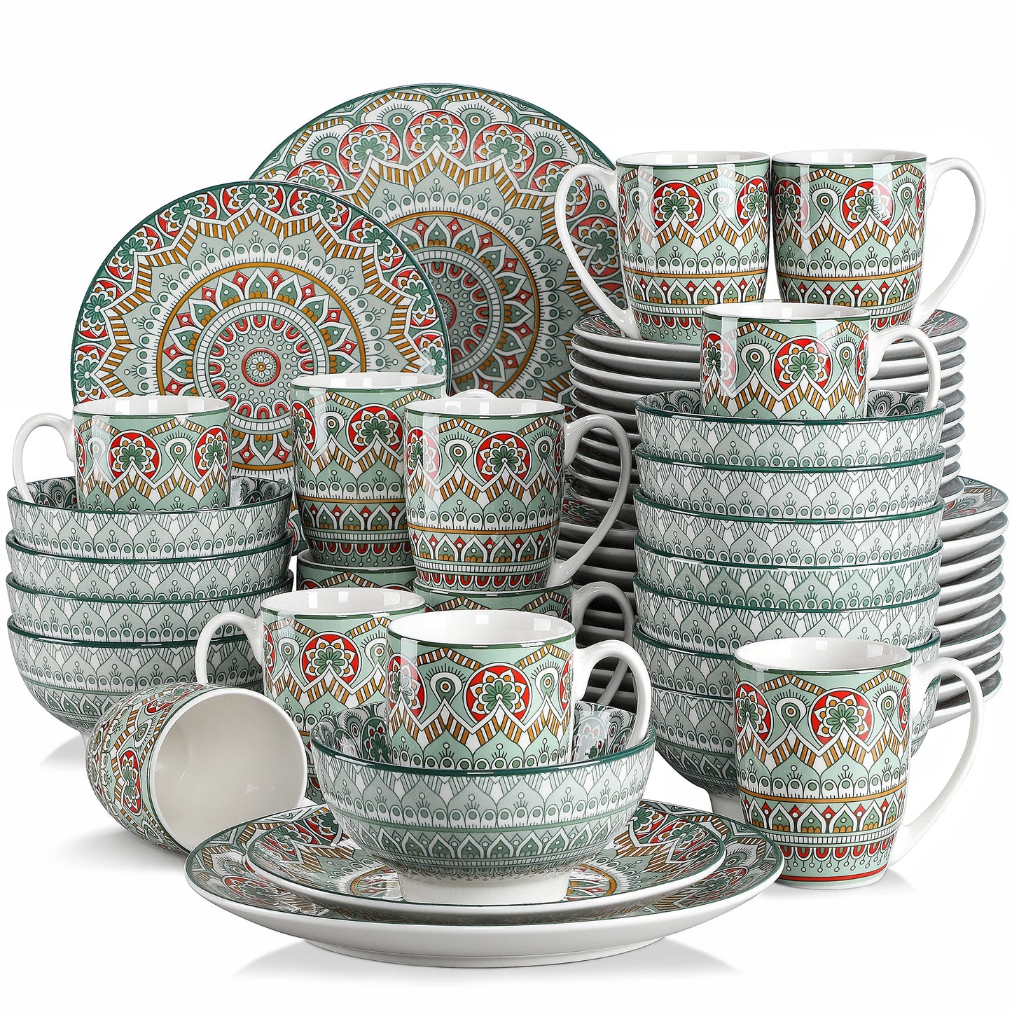 vancasso 16/32/48-PCS Ceremic Plate Porcelain Dinnerware Set Bohemian Mandala Patterned with Dinner Plate,Dessert Plate,Bowl,Mug